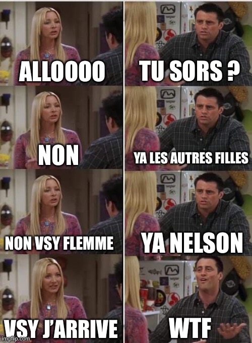 Friends Joey teached french | TU SORS ? ALLOOOO; YA LES AUTRES FILLES; NON; NON VSY FLEMME; YA NELSON; WTF; VSY J’ARRIVE | image tagged in friends joey teached french | made w/ Imgflip meme maker