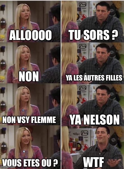 Friends Joey teached french | TU SORS ? ALLOOOO; YA LES AUTRES FILLES; NON; NON VSY FLEMME; YA NELSON; WTF; VOUS ETES OU ? | image tagged in friends joey teached french | made w/ Imgflip meme maker