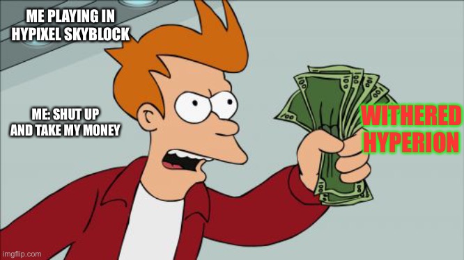 Shut Up And Take My Money Fry Meme | ME PLAYING IN HYPIXEL SKYBLOCK; ME: SHUT UP AND TAKE MY MONEY; WITHERED HYPERION | image tagged in memes,minecraft | made w/ Imgflip meme maker