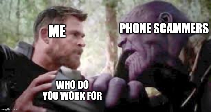 Should have gone for the head | PHONE SCAMMERS; ME; WHO DO YOU WORK FOR | image tagged in thanos,avengers infinity war,memes | made w/ Imgflip meme maker
