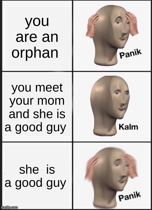 ohhh crap | you are an orphan; you meet your mom and she is a good guy; she  is a good guy | image tagged in memes,panik kalm panik | made w/ Imgflip meme maker