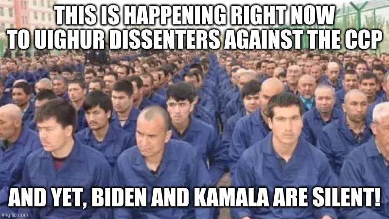 Uighur concentration camp | THIS IS HAPPENING RIGHT NOW TO UIGHUR DISSENTERS AGAINST THE CCP; AND YET, BIDEN AND KAMALA ARE SILENT! | image tagged in uighur concentration camp,political meme,genocide,memes | made w/ Imgflip meme maker