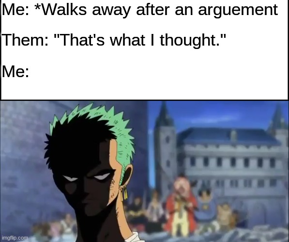 yes | Me: *Walks away after an arguement; Them: "That's what I thought."; Me: | image tagged in zoro's seriousness,fun,memes | made w/ Imgflip meme maker