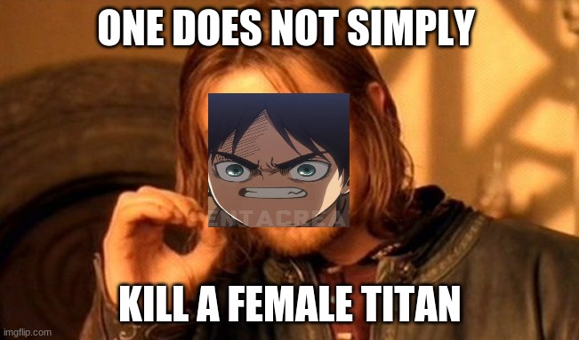 One Does Not Simply | ONE DOES NOT SIMPLY; KILL A FEMALE TITAN | image tagged in memes,one does not simply | made w/ Imgflip meme maker