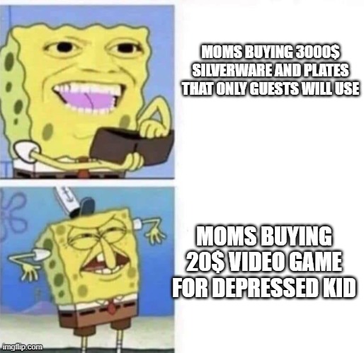 i mean, its true | MOMS BUYING 3000$ SILVERWARE AND PLATES THAT ONLY GUESTS WILL USE; MOMS BUYING 20$ VIDEO GAME FOR DEPRESSED KID | image tagged in spongebob wallet | made w/ Imgflip meme maker