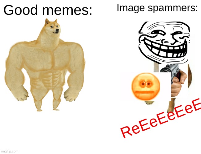 Good memes vs Image spammers | Good memes:; Image spammers:; ReEeEeEeE | image tagged in memes,buff doge vs cheems | made w/ Imgflip meme maker