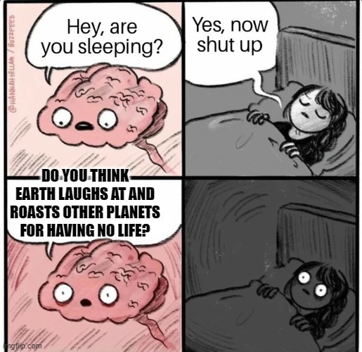 Shower Thought | DO YOU THINK EARTH LAUGHS AT AND ROASTS OTHER PLANETS FOR HAVING NO LIFE? | image tagged in hey are you sleeping | made w/ Imgflip meme maker