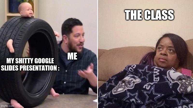 Me in class | THE CLASS; MY SHITTY GOOGLE SLIDES PRESENTATION :; ME | image tagged in sal explaining,me explaining to my mom,class,google search,presentation | made w/ Imgflip meme maker