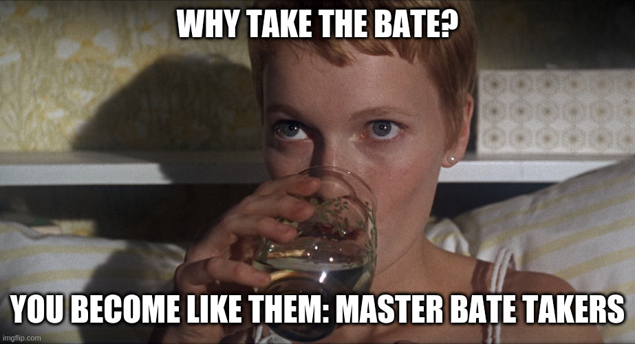 arguing over memes? debate bait makers | WHY TAKE THE BATE? YOU BECOME LIKE THEM: MASTER BATE TAKERS | image tagged in rosemary,master bait takers | made w/ Imgflip meme maker