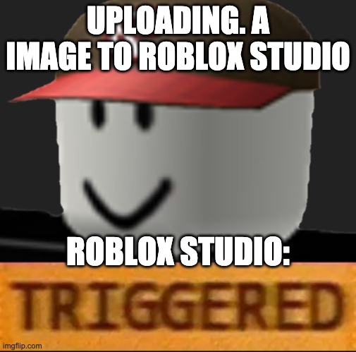 Roblox Triggered |  UPLOADING. A IMAGE TO ROBLOX STUDIO; ROBLOX STUDIO: | image tagged in roblox triggered | made w/ Imgflip meme maker