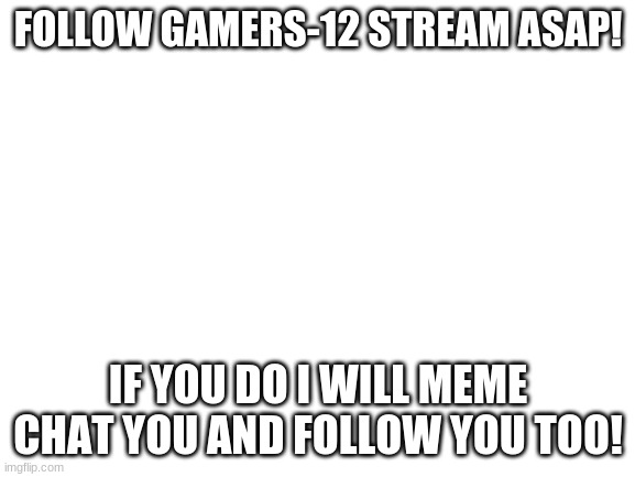 Followers pls! | FOLLOW GAMERS-12 STREAM ASAP! IF YOU DO I WILL MEME CHAT YOU AND FOLLOW YOU TOO! | image tagged in blank white template | made w/ Imgflip meme maker