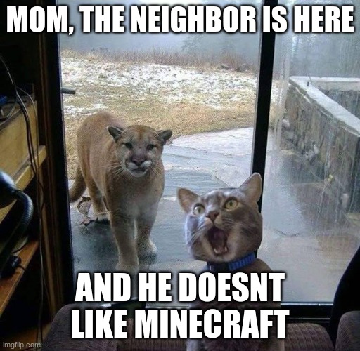 OH GOD | MOM, THE NEIGHBOR IS HERE; AND HE DOESNT LIKE MINECRAFT | image tagged in house cat with mountain lion at the door,minecraft | made w/ Imgflip meme maker