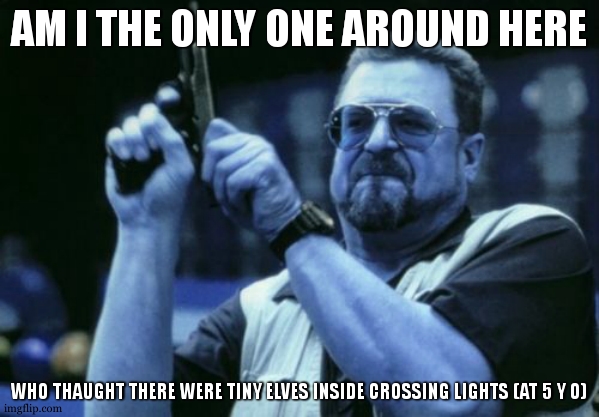 Am I The Only One Around Here | AM I THE ONLY ONE AROUND HERE; WHO THAUGHT THERE WERE TINY ELVES INSIDE CROSSING LIGHTS (AT 5 Y O) | image tagged in memes,am i the only one around here | made w/ Imgflip meme maker