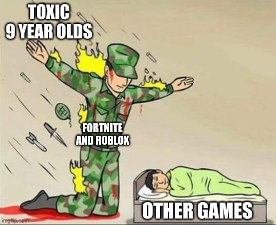 this is basically true | TOXIC 9 YEAR OLDS; FORTNITE AND ROBLOX; OTHER GAMES | image tagged in soldier protecting sleeping child | made w/ Imgflip meme maker