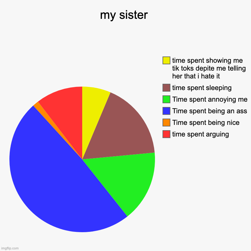 my sister | time spent arguing, Time spent being nice, Time spent being an ass, Time spent annoying me, time spent sleeping, time spent show | image tagged in charts,pie charts | made w/ Imgflip chart maker