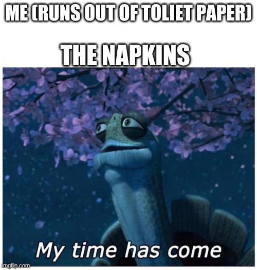 i bet everyone had gone through this | ME (RUNS OUT OF TOLIET PAPER); THE NAPKINS | image tagged in my time has come | made w/ Imgflip meme maker