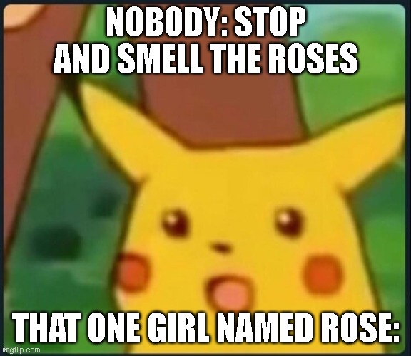 Smell Rose | NOBODY: STOP AND SMELL THE ROSES; THAT ONE GIRL NAMED ROSE: | image tagged in surprised pikachu | made w/ Imgflip meme maker