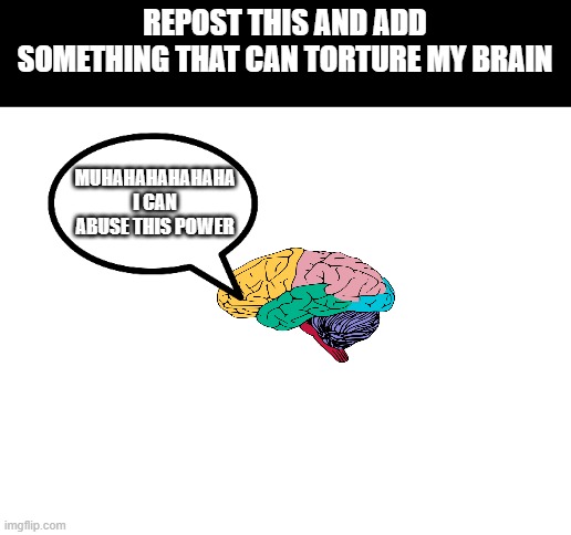 or make a auqas_brain_dies stream bc i cant i have 10 streams | REPOST THIS AND ADD SOMETHING THAT CAN TORTURE MY BRAIN; MUHAHAHAHAHAHA I CAN ABUSE THIS POWER | image tagged in blank white template | made w/ Imgflip meme maker
