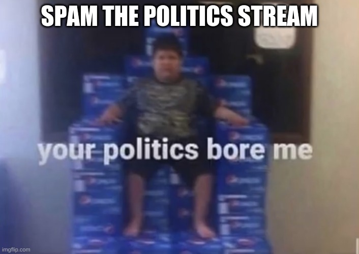 Your politics bore me | SPAM THE POLITICS STREAM | image tagged in your politics bore me | made w/ Imgflip meme maker