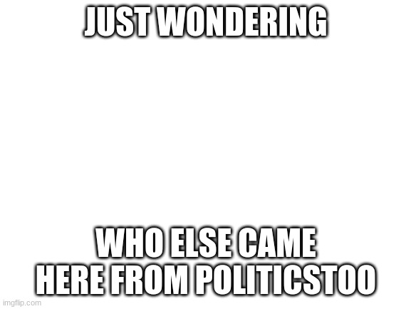 Just wondering |  JUST WONDERING; WHO ELSE CAME HERE FROM POLITICSTOO | image tagged in blank white template | made w/ Imgflip meme maker