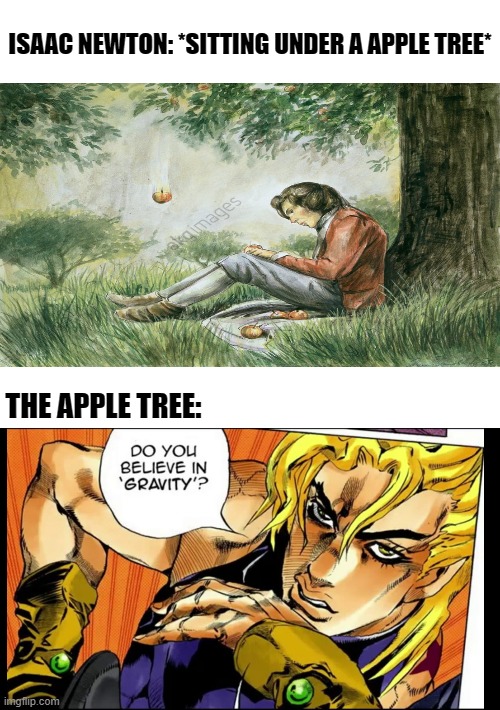The day Isaac Newton started believing in gravity | ISAAC NEWTON: *SITTING UNDER A APPLE TREE*; THE APPLE TREE: | image tagged in jojo's bizarre adventure,gravity,isaac newton | made w/ Imgflip meme maker