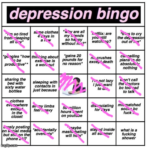 is it sad that i spend the weekend silently crying in my bed | image tagged in depression bingo | made w/ Imgflip meme maker
