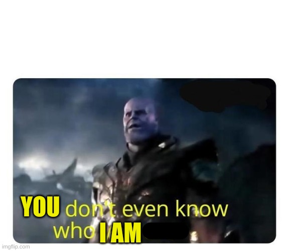 thanos I don't even know who you are | I AM YOU | image tagged in thanos i don't even know who you are | made w/ Imgflip meme maker