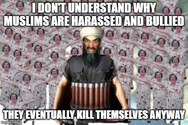 Leave Em Alone | I DON'T UNDERSTAND WHY MUSLIMS ARE HARASSED AND BULLIED; THEY EVENTUALLY KILL THEMSELVES ANYWAY | image tagged in suicide bomber | made w/ Imgflip meme maker
