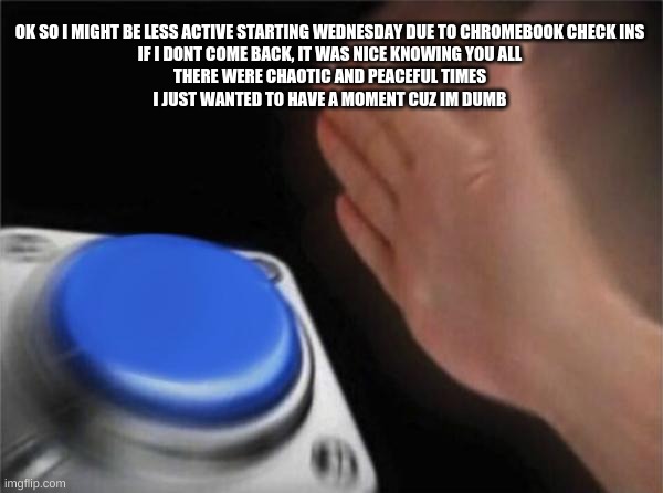 Blank Nut Button Meme | OK SO I MIGHT BE LESS ACTIVE STARTING WEDNESDAY DUE TO CHROMEBOOK CHECK INS
IF I DONT COME BACK, IT WAS NICE KNOWING YOU ALL
THERE WERE CHAOTIC AND PEACEFUL TIMES
I JUST WANTED TO HAVE A MOMENT CUZ IM DUMB | image tagged in memes,blank nut button | made w/ Imgflip meme maker