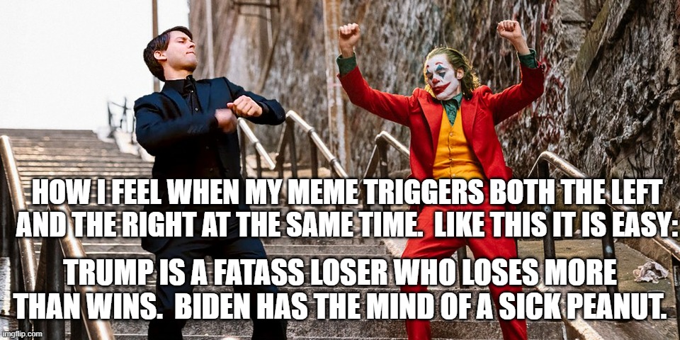 Ya both stink like wet dog poo. | HOW I FEEL WHEN MY MEME TRIGGERS BOTH THE LEFT AND THE RIGHT AT THE SAME TIME.  LIKE THIS IT IS EASY:; TRUMP IS A FATASS LOSER WHO LOSES MORE THAN WINS.  BIDEN HAS THE MIND OF A SICK PEANUT. | image tagged in peter joker dancing | made w/ Imgflip meme maker