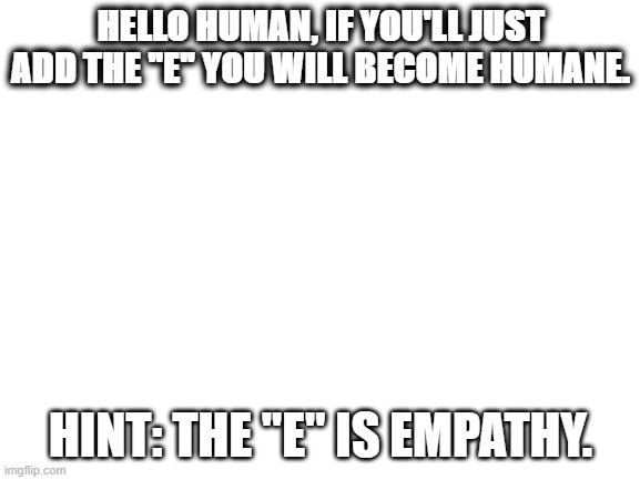 Blank White Template | HELLO HUMAN, IF YOU'LL JUST ADD THE "E" YOU WILL BECOME HUMANE. HINT: THE "E" IS EMPATHY. | image tagged in blank white template | made w/ Imgflip meme maker