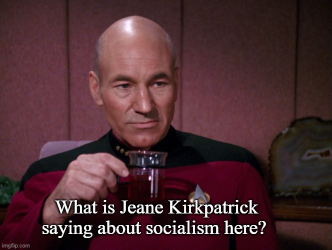 Picard Earl Grey tea | What is Jeane Kirkpatrick saying about socialism here? | image tagged in picard earl grey tea | made w/ Imgflip meme maker