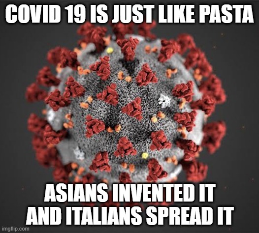 Virus Pasta | COVID 19 IS JUST LIKE PASTA; ASIANS INVENTED IT AND ITALIANS SPREAD IT | image tagged in corona virus | made w/ Imgflip meme maker