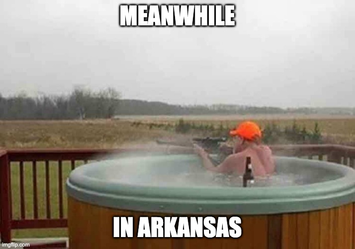 Meanwhile, in Arkansas ... who wears hunter orange in a hot tub? |  MEANWHILE; IN ARKANSAS | image tagged in arkansas,hunting,hot tub | made w/ Imgflip meme maker