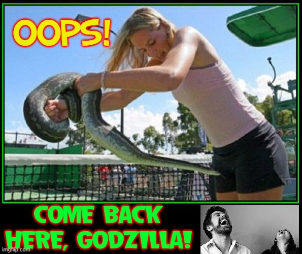Ain't no apples in there, Satan! | OOPS! COME BACK HERE, GODZILLA! | image tagged in vince vance,funny animal meme,snakes,memes,laughter,adam and eve | made w/ Imgflip meme maker