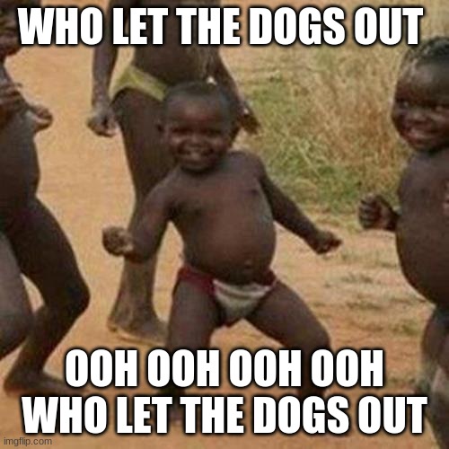Third World Success Kid | WHO LET THE DOGS OUT; OOH OOH OOH OOH WHO LET THE DOGS OUT | image tagged in memes,third world success kid | made w/ Imgflip meme maker