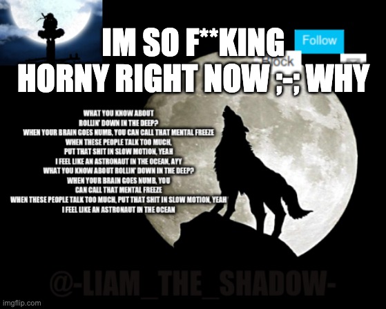 i am quite horny | IM SO F**KING HORNY RIGHT NOW ;-; WHY | image tagged in -liam_the_shadow- announcement template by kingofsnakes | made w/ Imgflip meme maker