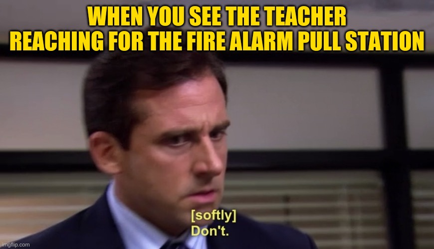 The moments before a fire drill | WHEN YOU SEE THE TEACHER REACHING FOR THE FIRE ALARM PULL STATION | image tagged in don't | made w/ Imgflip meme maker