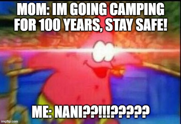 NANI | MOM: IM GOING CAMPING FOR 100 YEARS, STAY SAFE! ME: NANI??!!!????? | image tagged in nani | made w/ Imgflip meme maker