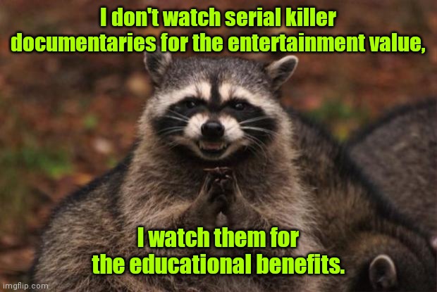 So much to learn. | I don't watch serial killer documentaries for the entertainment value, I watch them for the educational benefits. | image tagged in evil genius racoon,funny | made w/ Imgflip meme maker