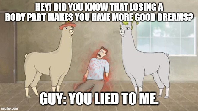 You Lied to Me | HEY! DID YOU KNOW THAT LOSING A BODY PART MAKES YOU HAVE MORE GOOD DREAMS? GUY: YOU LIED TO ME. | image tagged in llamas with hats dead guy | made w/ Imgflip meme maker