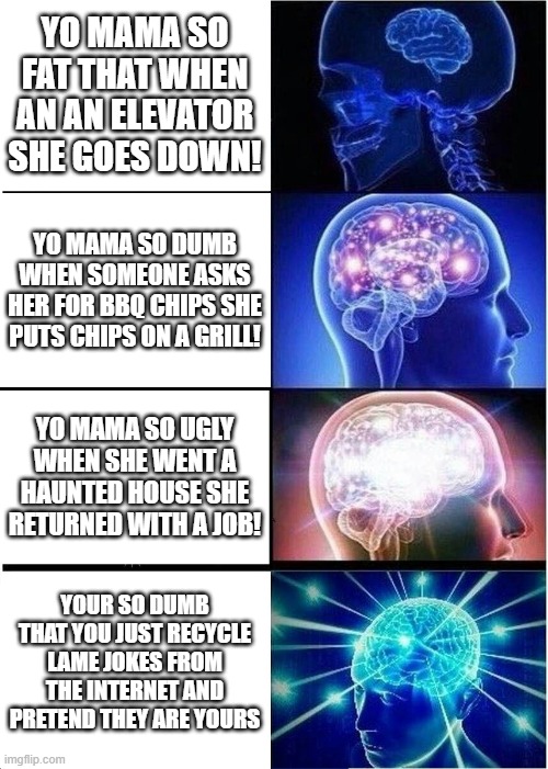 A meme | YO MAMA SO FAT THAT WHEN AN AN ELEVATOR SHE GOES DOWN! YO MAMA SO DUMB WHEN SOMEONE ASKS HER FOR BBQ CHIPS SHE PUTS CHIPS ON A GRILL! YO MAMA SO UGLY WHEN SHE WENT A HAUNTED HOUSE SHE RETURNED WITH A JOB! YOUR SO DUMB THAT YOU JUST RECYCLE LAME JOKES FROM THE INTERNET AND PRETEND THEY ARE YOURS | image tagged in memes,expanding brain | made w/ Imgflip meme maker