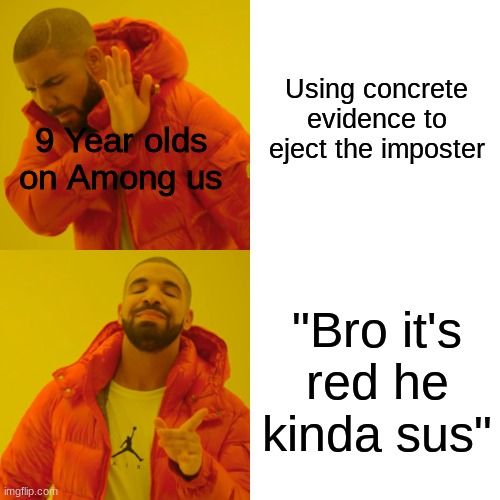 Literally every time!!! | Using concrete evidence to eject the imposter; 9 Year olds on Among us; "Bro it's red he kinda sus" | image tagged in memes,drake hotline bling,gaming,online gaming,among us | made w/ Imgflip meme maker