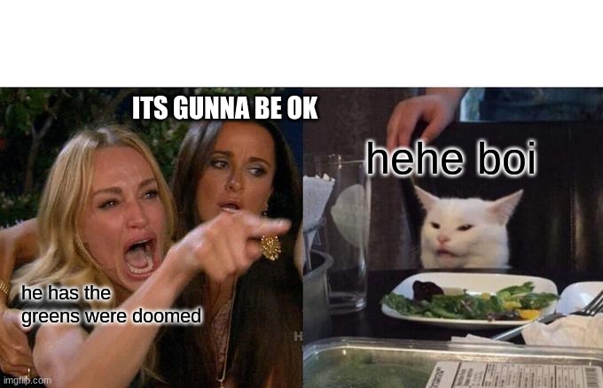 Woman Yelling At Cat Meme | ITS GUNNA BE OK; hehe boi; he has the greens were doomed | image tagged in memes,woman yelling at cat | made w/ Imgflip meme maker