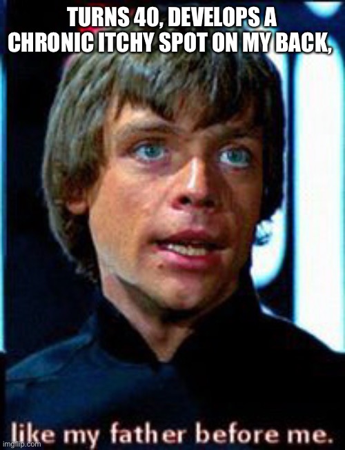 Inheritance | TURNS 40, DEVELOPS A CHRONIC ITCHY SPOT ON MY BACK, | image tagged in luke skywalker | made w/ Imgflip meme maker