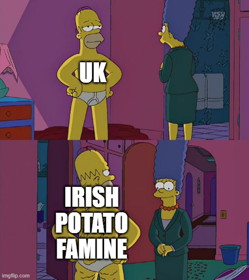 UK's Past | UK; IRISH POTATO FAMINE | image tagged in homer simpson's back fat,united kingdom,memes,funny,irish,potato | made w/ Imgflip meme maker