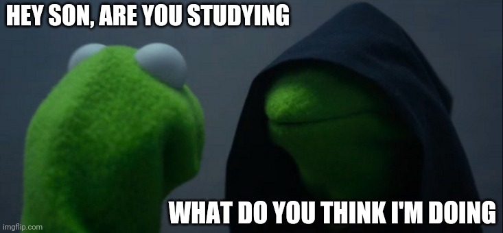 Evil Kermit | HEY SON, ARE YOU STUDYING; WHAT DO YOU THINK I'M DOING | image tagged in memes,evil kermit | made w/ Imgflip meme maker