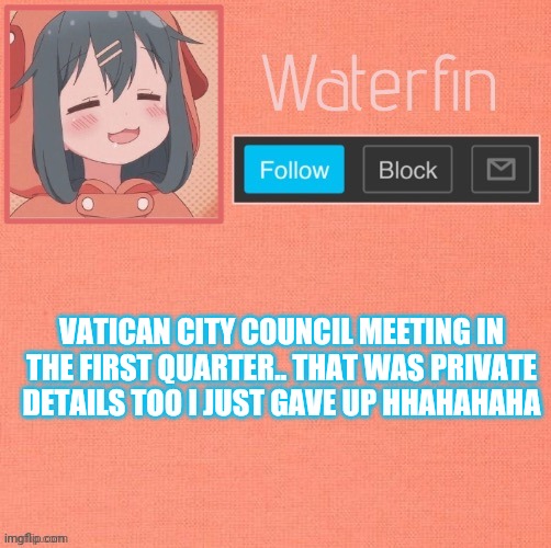 Waterfins Template | VATICAN CITY COUNCIL MEETING IN THE FIRST QUARTER.. THAT WAS PRIVATE DETAILS TOO I JUST GAVE UP HHAHAHAHA | image tagged in waterfins template | made w/ Imgflip meme maker