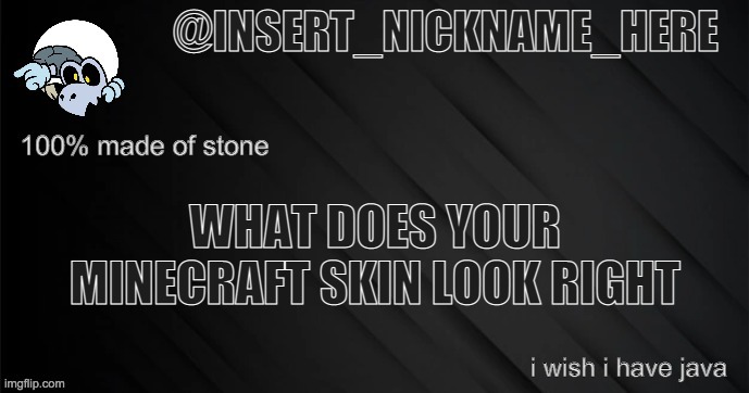 insert_nickname_here version 3 | WHAT DOES YOUR MINECRAFT SKIN LOOK RIGHT; i wish i have java | image tagged in insert_nickname_here version 3 | made w/ Imgflip meme maker