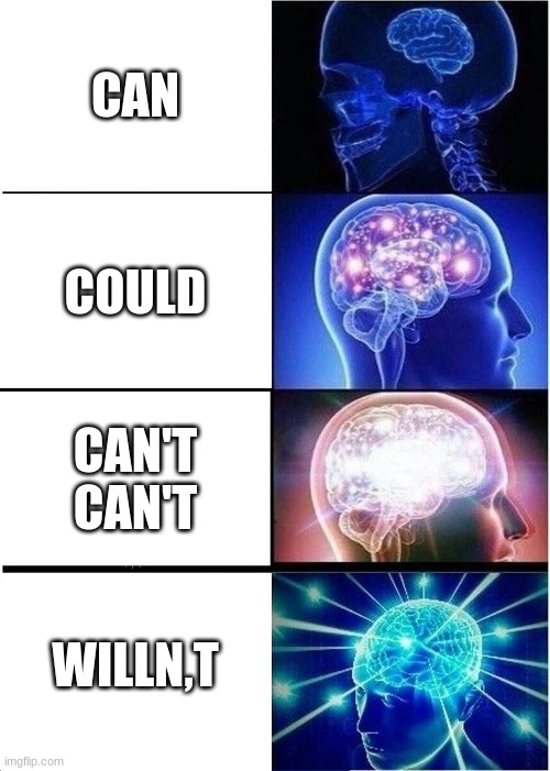 can | CAN; COULD; CAN'T CAN'T; WILLN,T | image tagged in memes,expanding brain | made w/ Imgflip meme maker